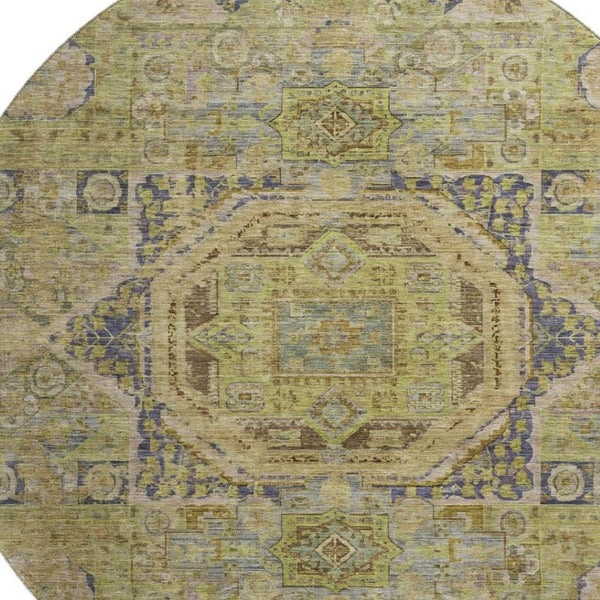 HomeRoots 8' Artichoke Green & Blue Oriental Round Rug - Washable, UV-Protected, Durable for High-Traffic Areas 699852