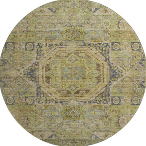 HomeRoots 8' Artichoke Green & Blue Oriental Round Rug - Washable, UV-Protected, Durable for High-Traffic Areas 699852