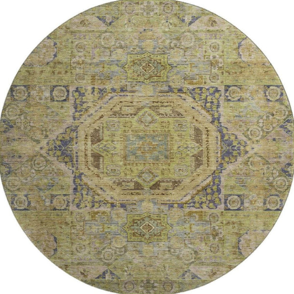 HomeRoots 8' Artichoke Green & Blue Oriental Round Rug - Washable, UV-Protected, Durable for High-Traffic Areas 699852