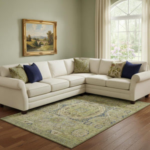 HomeRoots 8' X 10' Artichoke Green & Blue Oriental Washable Area Rug - Durable, Stain-Resistant, UV Protected! 699853