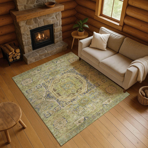HomeRoots 8' X 10' Artichoke Green & Blue Oriental Washable Area Rug - Durable, Stain-Resistant, UV Protected! 699853