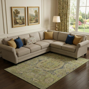HomeRoots 9' Artichoke Green and Blue Oriental Washable Area Rug - Stain Resistant, UV Protected, Durable Design 699854