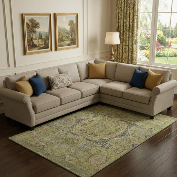 HomeRoots 9' Artichoke Green and Blue Oriental Washable Area Rug - Stain Resistant, UV Protected, Durable Design 699854