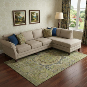 HomeRoots 10' X 14' Artichoke Green & Blue Oriental Washable Area Rug with UV Protection for Busy Homes 699855