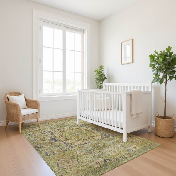 HomeRoots 10' X 14' Artichoke Green & Blue Oriental Washable Area Rug with UV Protection for Busy Homes 699855