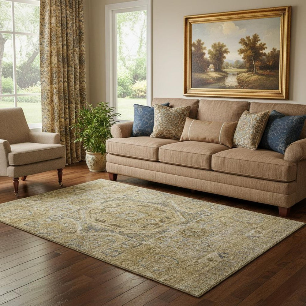 HomeRoots 5' X 8' Brown and Blue Oriental Area Rug - Durable, Washable, UV-Protected for Stylish Living Spaces 699857