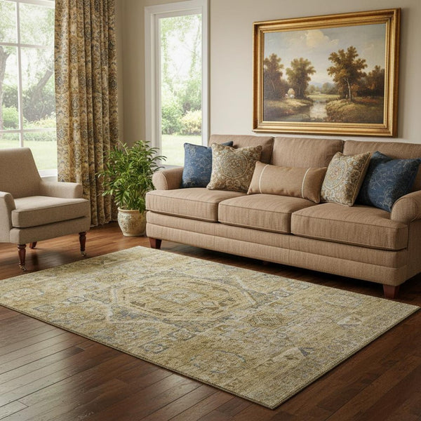 HomeRoots 5' X 8' Brown and Blue Oriental Area Rug - Durable, Washable, UV-Protected for Stylish Living Spaces 699857