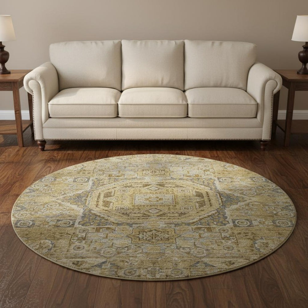 HomeRoots 8' Brown and Blue Oriental Washable Round Rug - UV Protected, Stain Resistant, Perfect for Busy Homes! 699858