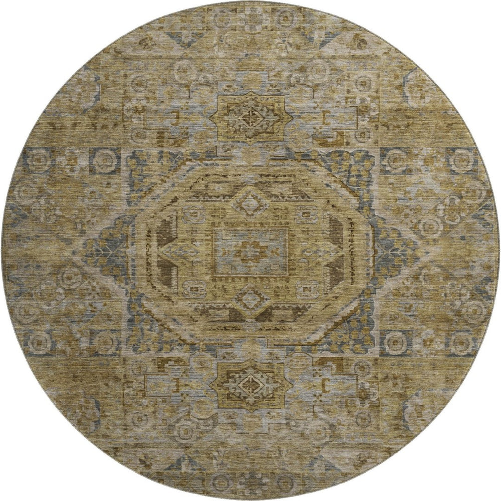 HomeRoots 8' Brown and Blue Oriental Washable Round Rug - UV Protected, Stain Resistant, Perfect for Busy Homes! 699858