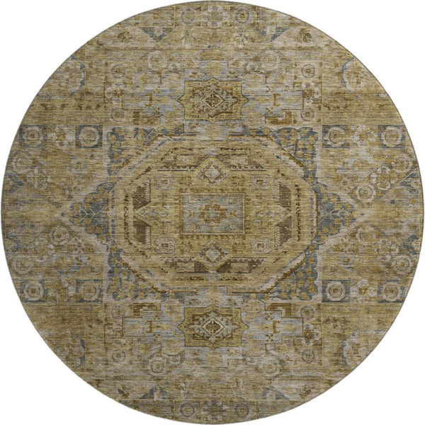 HomeRoots 8' Brown and Blue Oriental Washable Round Rug - UV Protected, Stain Resistant, Perfect for Busy Homes! 699858