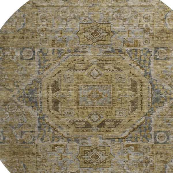 HomeRoots 8' Brown and Blue Oriental Washable Round Rug - UV Protected, Stain Resistant, Perfect for Busy Homes! 699858