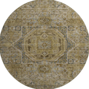HomeRoots 8' Brown and Blue Oriental Washable Round Rug - UV Protected, Stain Resistant, Perfect for Busy Homes! 699858