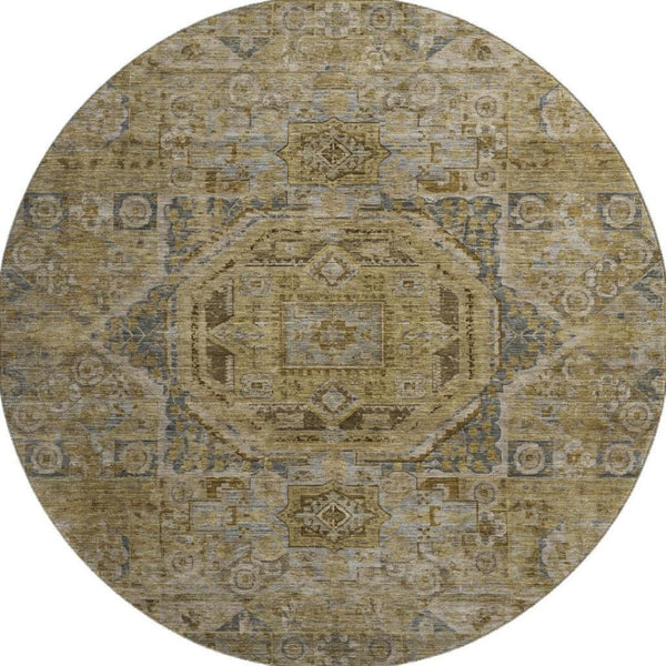 HomeRoots 8' Brown and Blue Oriental Washable Round Rug - UV Protected, Stain Resistant, Perfect for Busy Homes! 699858