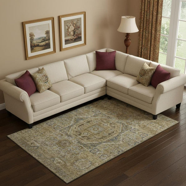 HomeRoots 9' X 12' Brown and Blue Oriental Area Rug - Washable, UV Protected & Stain Resistant for Busy Homes 699860