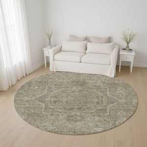 HomeRoots 8' Gray and Silver Oriental Round Washable Rug - UV Protected, Stain Resistant, Ideal for High Traffic Areas 699864