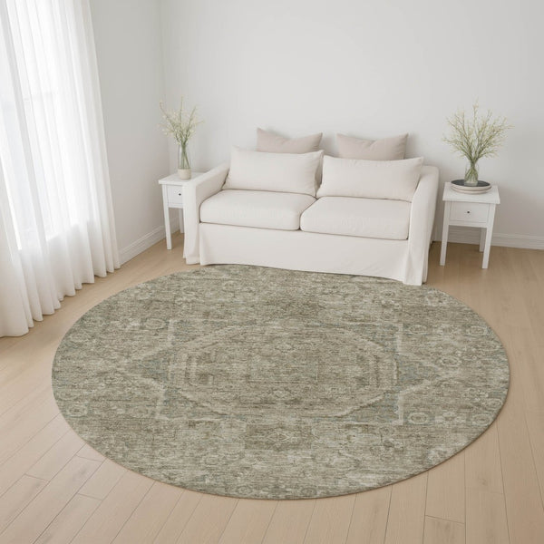 HomeRoots 8' Gray and Silver Oriental Round Washable Rug - UV Protected, Stain Resistant, Ideal for High Traffic Areas 699864