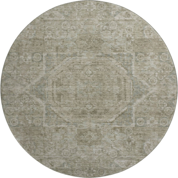 HomeRoots 8' Gray and Silver Oriental Round Washable Rug - UV Protected, Stain Resistant, Ideal for High Traffic Areas 699864