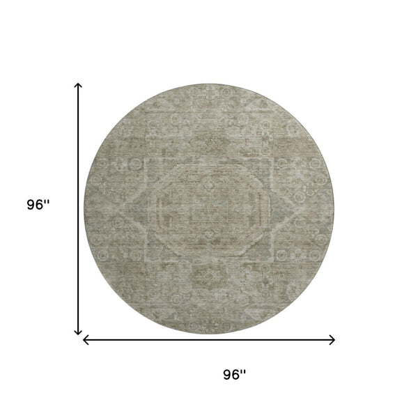 HomeRoots 8' Gray and Silver Oriental Round Washable Rug - UV Protected, Stain Resistant, Ideal for High Traffic Areas 699864