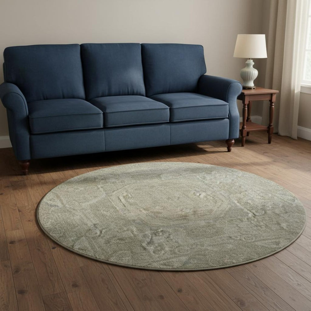 HomeRoots 8' Gray and Silver Oriental Round Washable Rug - UV Protected, Stain Resistant, Ideal for High Traffic Areas 699864