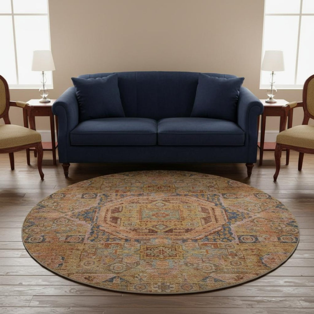 HomeRoots 8' Washable Rust and Navy Blue Oriental Round Rug – UV Protected, Stain-Resistant, Cozy Elegance! 699870