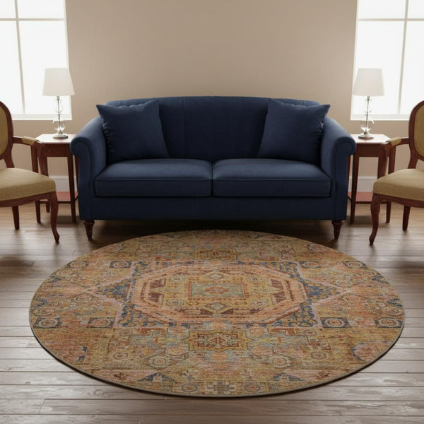 HomeRoots 8' Washable Rust and Navy Blue Oriental Round Rug – UV Protected, Stain-Resistant, Cozy Elegance! 699870