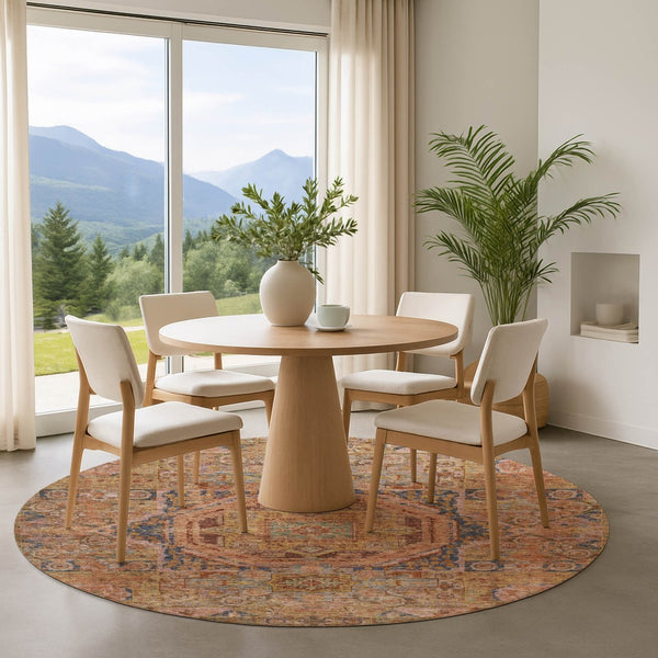 HomeRoots 8' Washable Rust and Navy Blue Oriental Round Rug – UV Protected, Stain-Resistant, Cozy Elegance! 699870