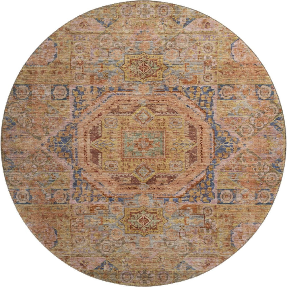 HomeRoots 8' Washable Rust and Navy Blue Oriental Round Rug – UV Protected, Stain-Resistant, Cozy Elegance! 699870