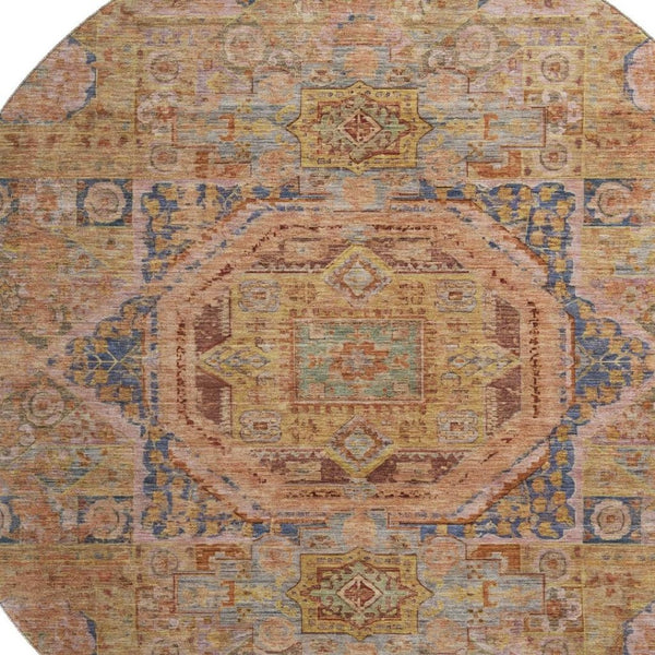 HomeRoots 8' Washable Rust and Navy Blue Oriental Round Rug – UV Protected, Stain-Resistant, Cozy Elegance! 699870