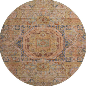 HomeRoots 8' Washable Rust and Navy Blue Oriental Round Rug – UV Protected, Stain-Resistant, Cozy Elegance! 699870