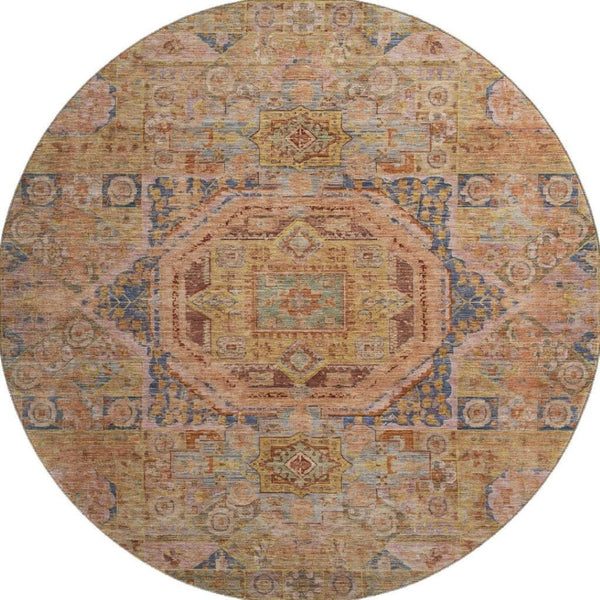 HomeRoots 8' Washable Rust and Navy Blue Oriental Round Rug – UV Protected, Stain-Resistant, Cozy Elegance! 699870
