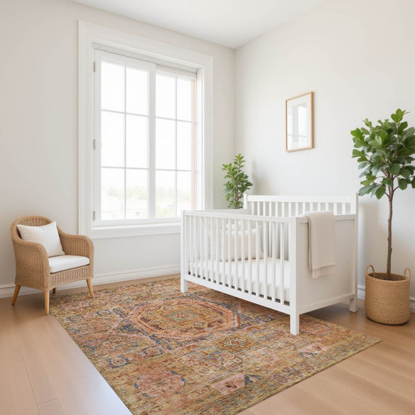 HomeRoots 10' X 14' Elegant Rust and Navy Blue Washable Area Rug with UV Protection for Family-Friendly Homes 699873