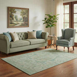 HomeRoots 5' X 8' Sage and Beige Oriental Area Rug - Washable, UV-Protected, Durable for High-Traffic Spaces 699875