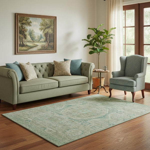 HomeRoots 5' X 8' Sage and Beige Oriental Area Rug - Washable, UV-Protected, Durable for High-Traffic Spaces 699875