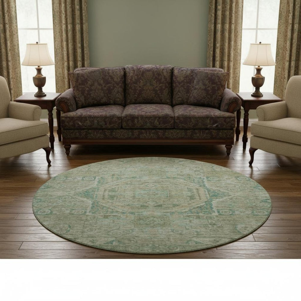 HomeRoots 8' Sage and Beige Oriental Round Rug - Washable, UV-Protected, Stain-Resistant for High-Traffic Areas 699876