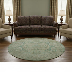 HomeRoots 8' Sage and Beige Oriental Round Rug - Washable, UV-Protected, Stain-Resistant for High-Traffic Areas 699876