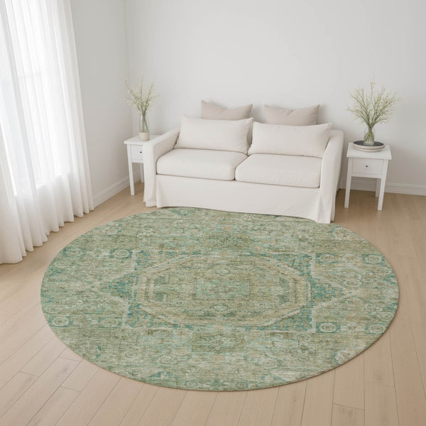 HomeRoots 8' Sage and Beige Oriental Round Rug - Washable, UV-Protected, Stain-Resistant for High-Traffic Areas 699876