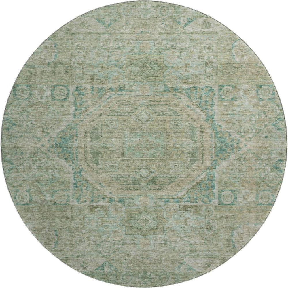 HomeRoots 8' Sage and Beige Oriental Round Rug - Washable, UV-Protected, Stain-Resistant for High-Traffic Areas 699876