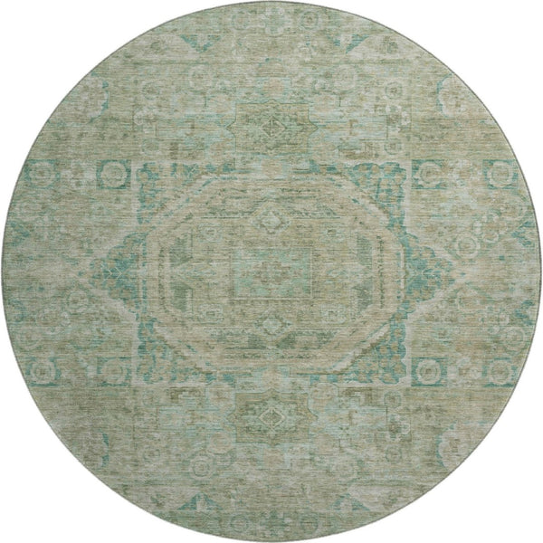 HomeRoots 8' Sage and Beige Oriental Round Rug - Washable, UV-Protected, Stain-Resistant for High-Traffic Areas 699876