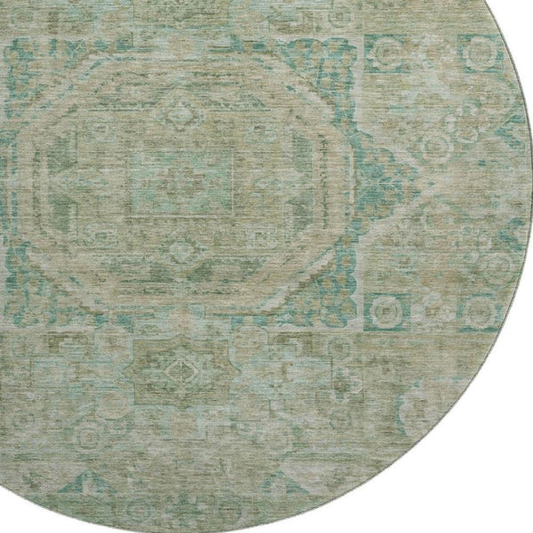 HomeRoots 8' Sage and Beige Oriental Round Rug - Washable, UV-Protected, Stain-Resistant for High-Traffic Areas 699876