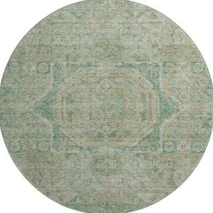 HomeRoots 8' Sage and Beige Oriental Round Rug - Washable, UV-Protected, Stain-Resistant for High-Traffic Areas 699876