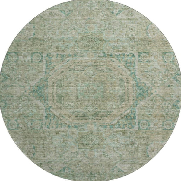 HomeRoots 8' Sage and Beige Oriental Round Rug - Washable, UV-Protected, Stain-Resistant for High-Traffic Areas 699876