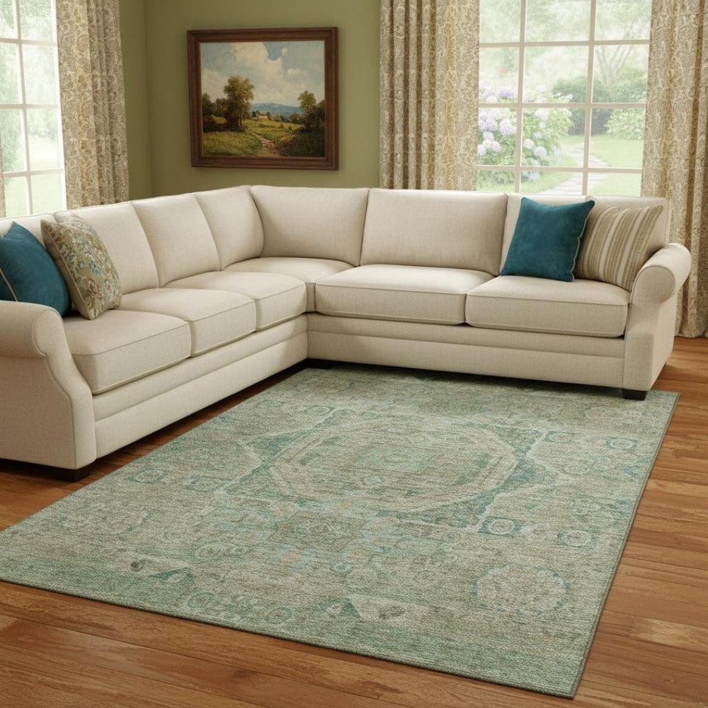 HomeRoots 8' X 10' Elegant Sage and Beige Oriental Washable Area Rug – Stain-Resistant, UV Protected Comfort 699877