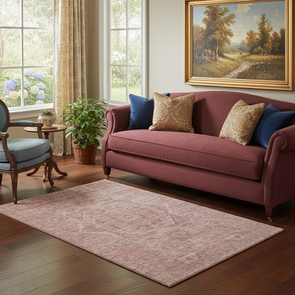 HomeRoots 5' X 8' Salmon and Beige Washable Area Rug with UV Protection for Stylish, Family-Friendly Living Spaces 699881