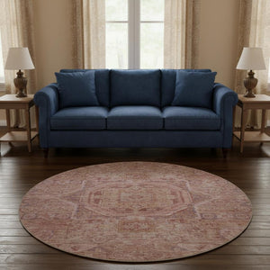HomeRoots 8' Salmon and Beige Oriental Round Rug – Stylish, Washable, UV-Protected for Busy Homes with Kids & Pets 699882