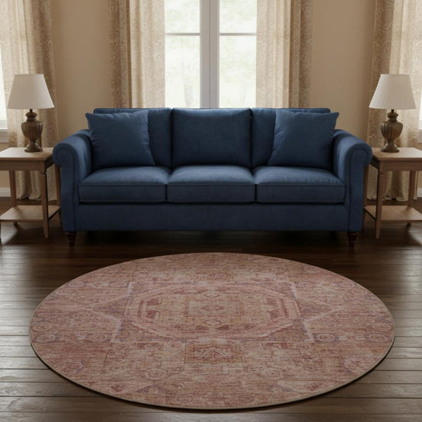 HomeRoots 8' Salmon and Beige Oriental Round Rug – Stylish, Washable, UV-Protected for Busy Homes with Kids & Pets 699882