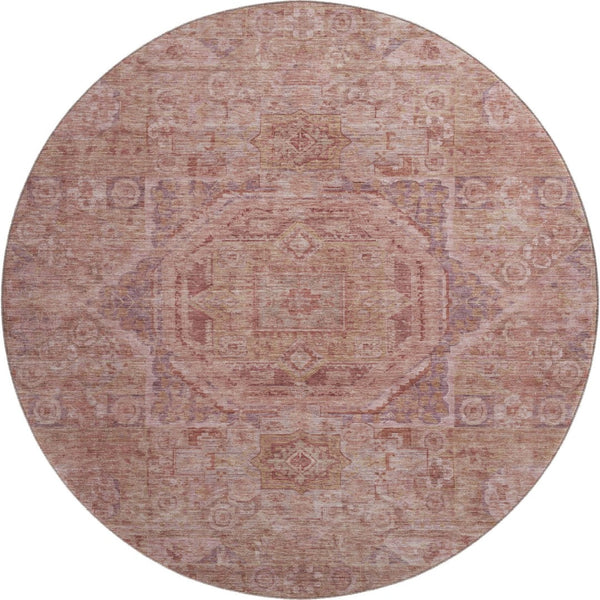 HomeRoots 8' Salmon and Beige Oriental Round Rug – Stylish, Washable, UV-Protected for Busy Homes with Kids & Pets 699882