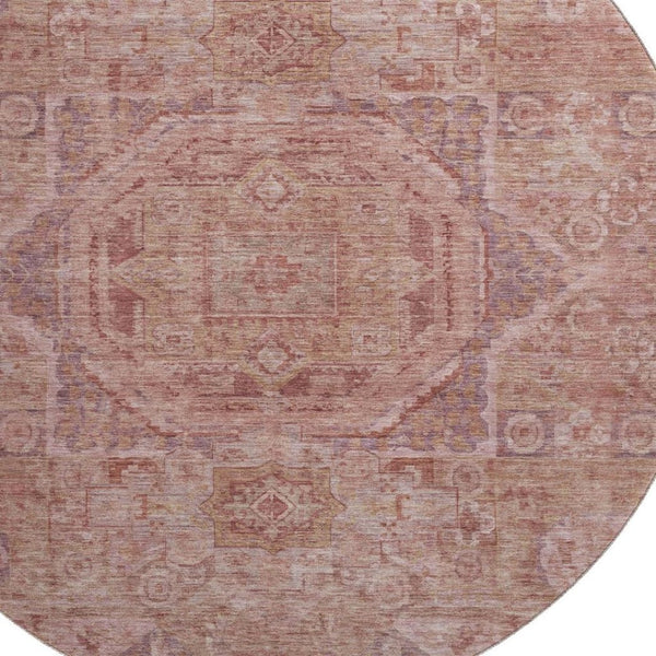 HomeRoots 8' Salmon and Beige Oriental Round Rug – Stylish, Washable, UV-Protected for Busy Homes with Kids & Pets 699882