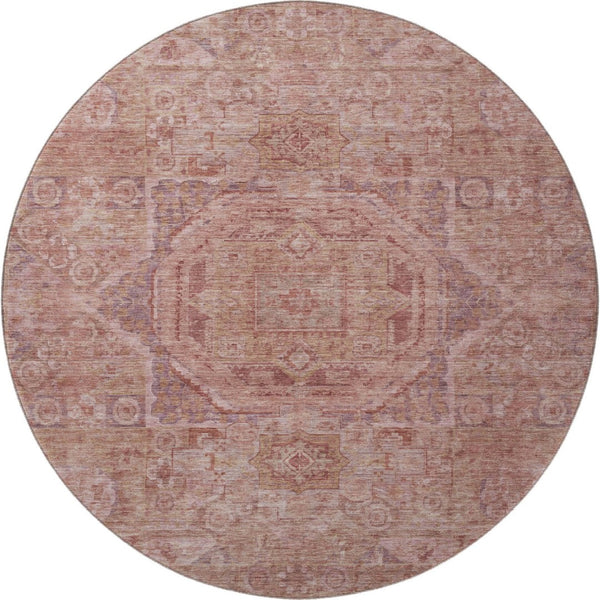 HomeRoots 8' Salmon and Beige Oriental Round Rug – Stylish, Washable, UV-Protected for Busy Homes with Kids & Pets 699882