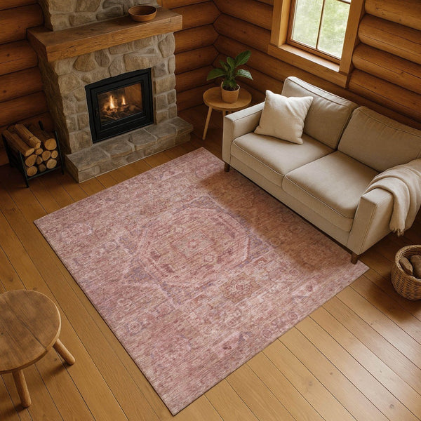 HomeRoots 8' X 10' Salmon and Beige Oriental Area Rug - Washable, UV Protected, Stain Resistant for Homes 699883