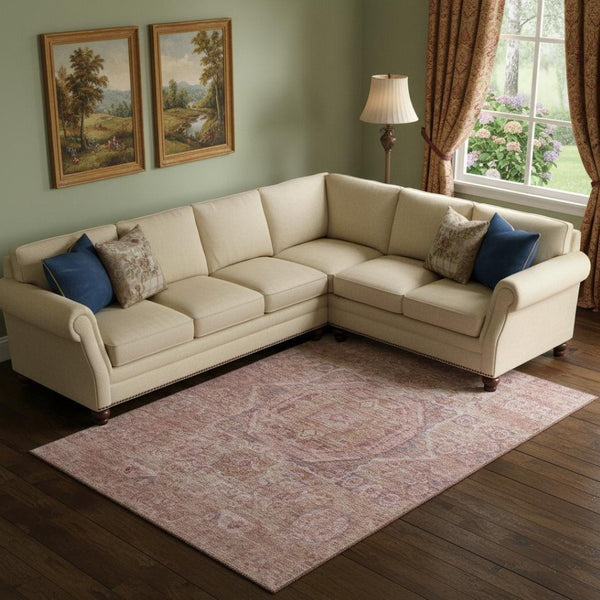 HomeRoots 9' X 12' Salmon & Beige Oriental Washable Area Rug - UV Protected, Stain Resistant & Elegant Design 699884